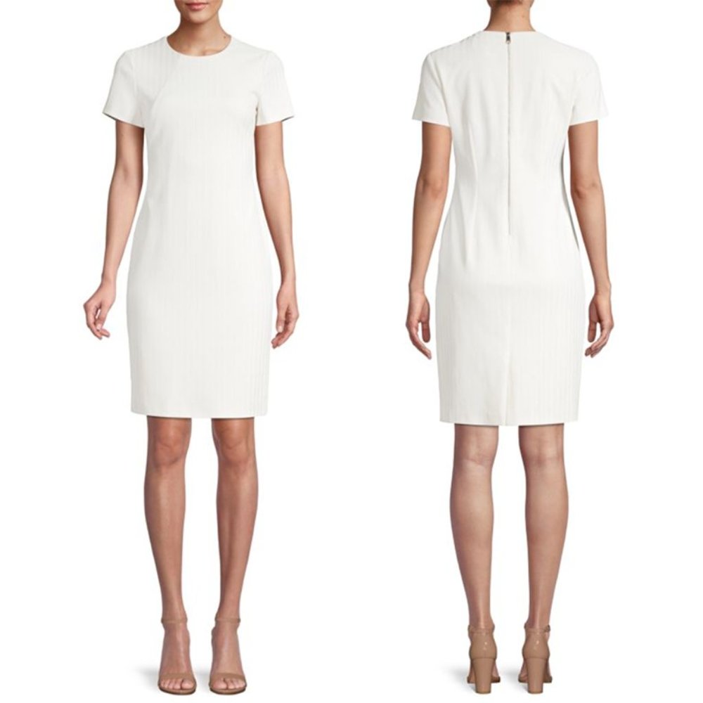 NWT Hugo Boss Dijersa Structured Herringbone Jersey Sheath Dress Soft Cream 16